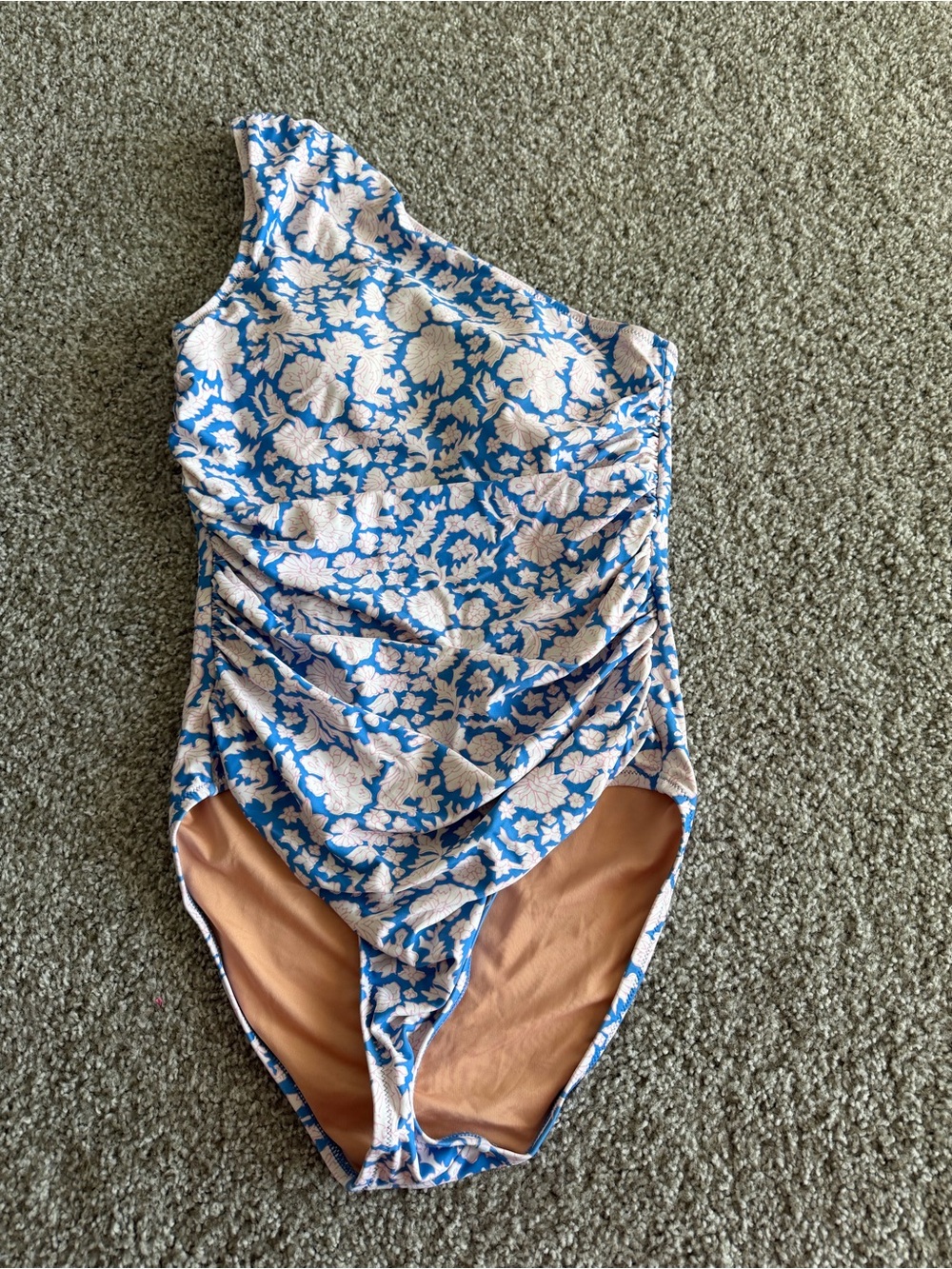 J. Crew One-Shoulder Blue and Cream Floral Swimsuit Tunny Control Flattering